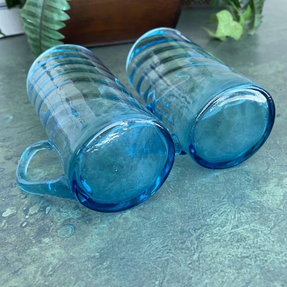 Vintage hand blown blue Irish coffee handled glasses unique swirl display flaws - Picture 5 of 10